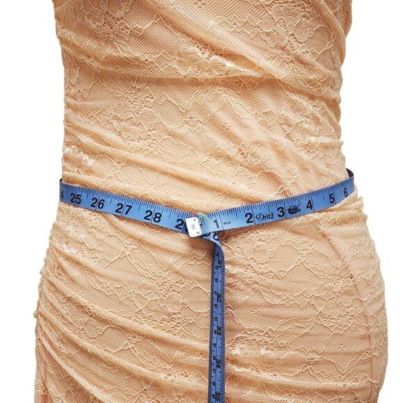 Strapless Peach Lace Midi Dress With Ruched Details & Ruffle Hem Size S - Picture 12 of 12